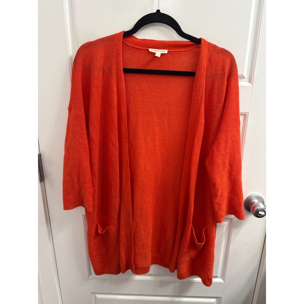 Eileen Fisher Womens Orange 100% Organic Linen Open Front Cardigan Sweater S/P